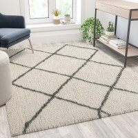 Flash Furniture RC-KJ-181070-01-57-IV-GR-GG Shag Style Diamond Trellis Area Rug - 5' x 7' - Ivory/Gray Polyester (PET)